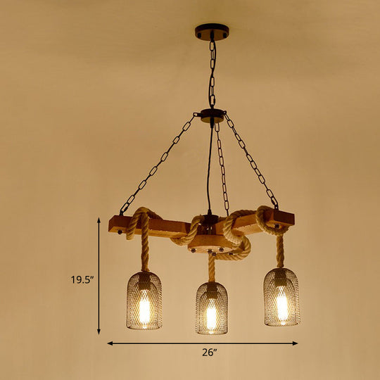 Rustic Caged Dining Room Chandelier Pendant With Retro Metallic Finish - 3/6/8 Lights & Wooden