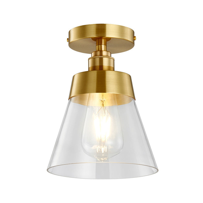 Minimalist Gold Semi Flush Mount Light With Conical Shade And Clear Glass Ceiling Fixture