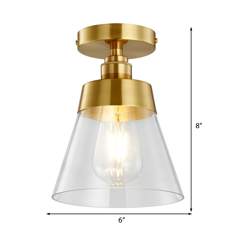 Minimalist Gold Semi Flush Mount Light With Conical Shade And Clear Glass Ceiling Fixture