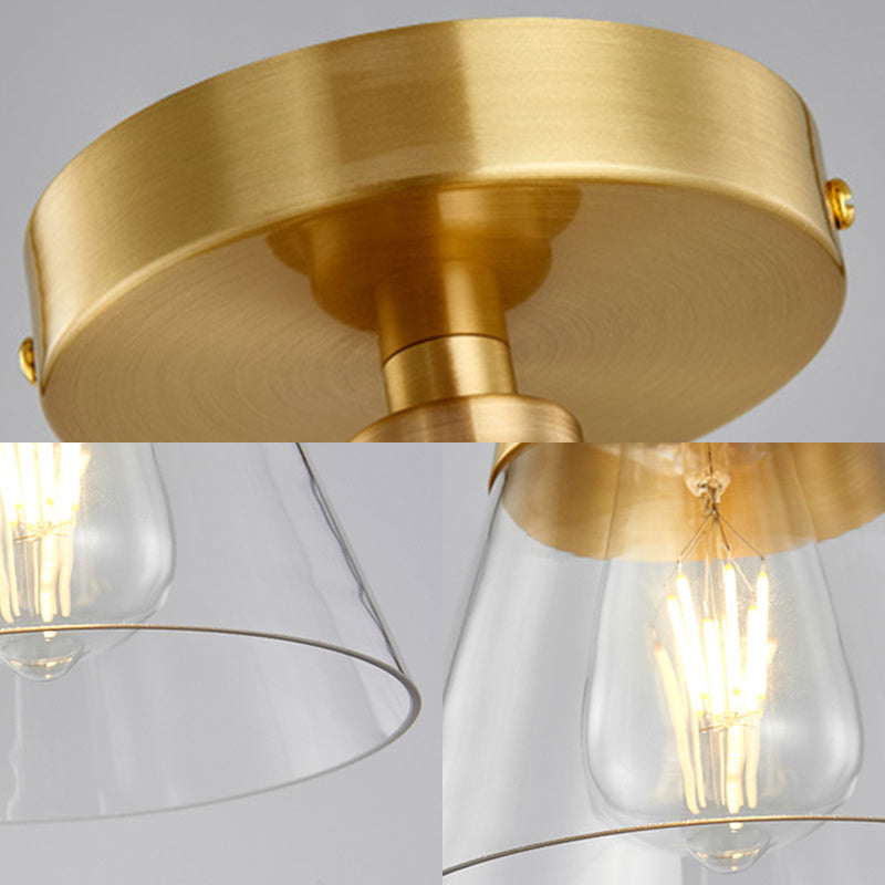 Minimalist Gold Semi Flush Mount Light With Conical Shade And Clear Glass Ceiling Fixture