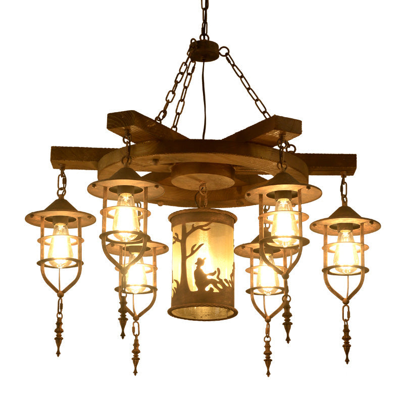 Wooden Hanging Light Kit For Restaurants: Metal Caged Chandelier With 3/7 Lights