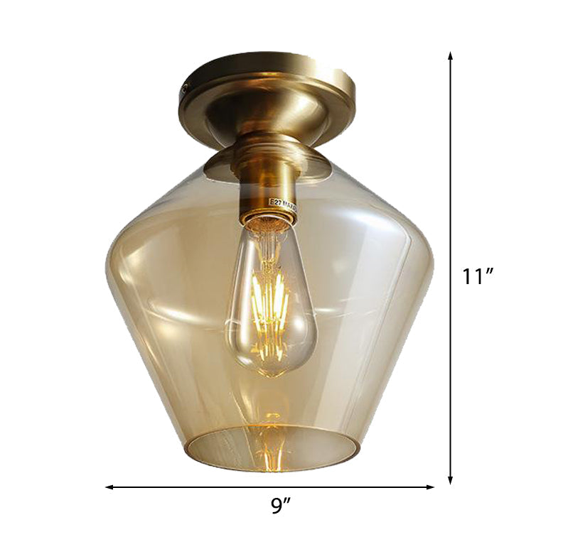 Contemporary Brass Flush Ceiling Fixture With Amber Glass Lampshade