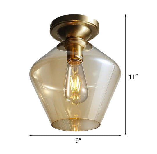 Contemporary Brass Flush Ceiling Fixture With Amber Glass Lampshade