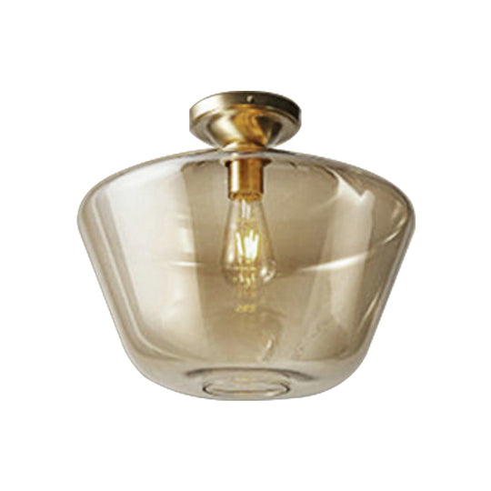 Contemporary Brass Flush Ceiling Fixture With Amber Glass Lampshade