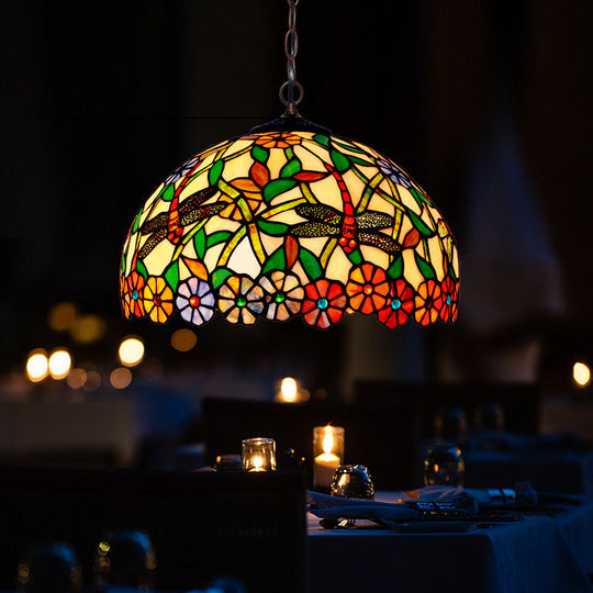 Lustre Libellule Méditerranéen avec Suspensions en Verre Taillé - Rouge/Vert/Violet