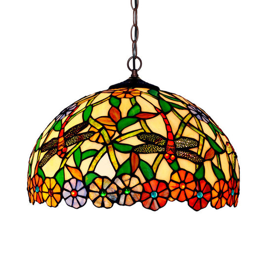 Lustre Libellule Méditerranéen avec Suspensions en Verre Taillé - Rouge/Vert/Violet