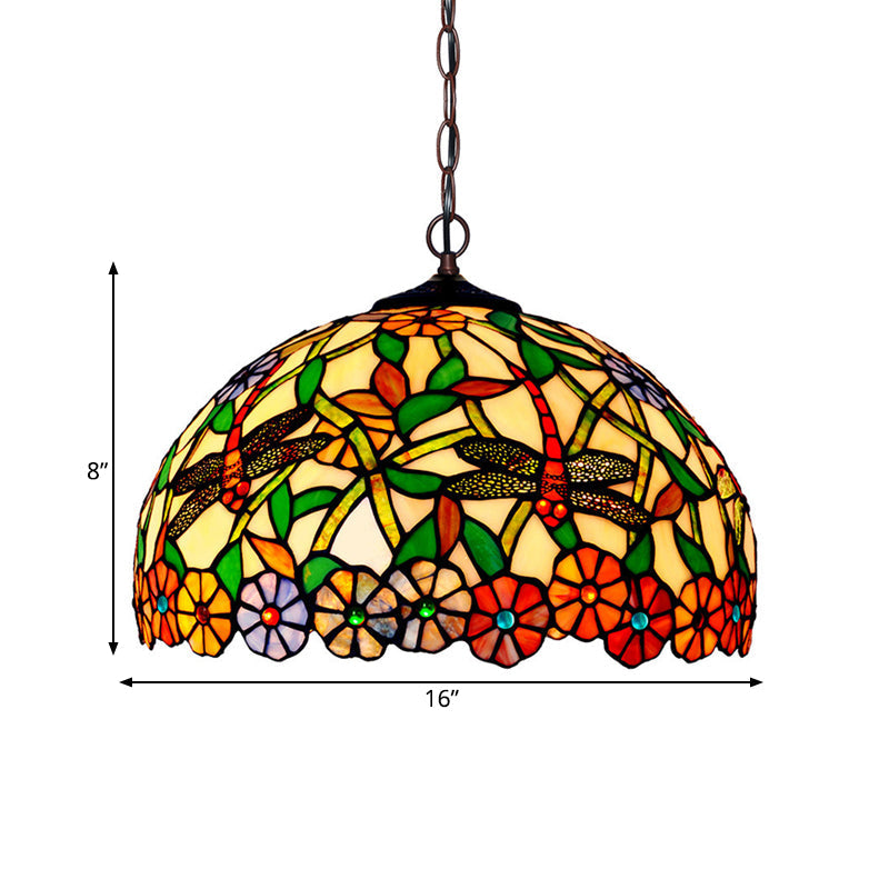 Lustre Libellule Méditerranéen avec Suspensions en Verre Taillé - Rouge/Vert/Violet