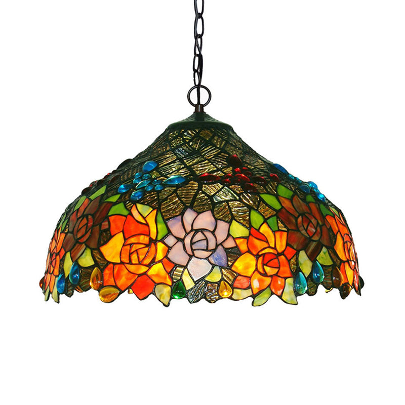Colorful Petal Glass Chandelier Light Fixture - 3-Light Bronze Suspension Lighting For Dining Room