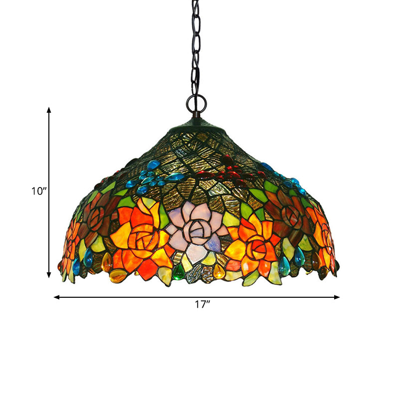 Colorful Petal Glass Chandelier Light Fixture - 3-Light Bronze Suspension Lighting For Dining Room