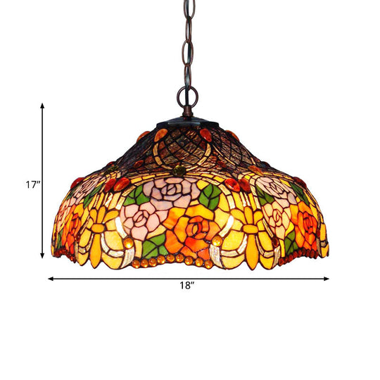 Colorful Petal Glass Chandelier Light Fixture - 3-Light Bronze Suspension Lighting For Dining Room
