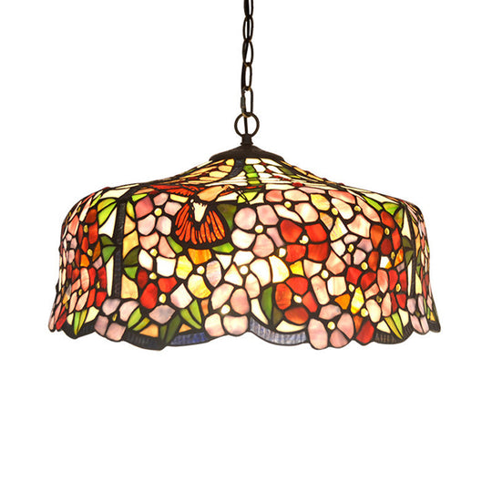 Tiffany-Style Red Stained Glass Floral Chandelier With 2/3 Lights 16“/19.5“ Wide