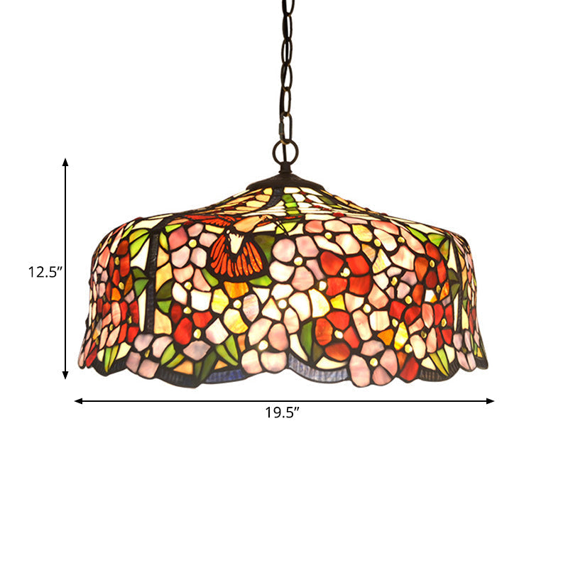 Tiffany-Style Red Stained Glass Floral Chandelier With 2/3 Lights 16“/19.5“ Wide