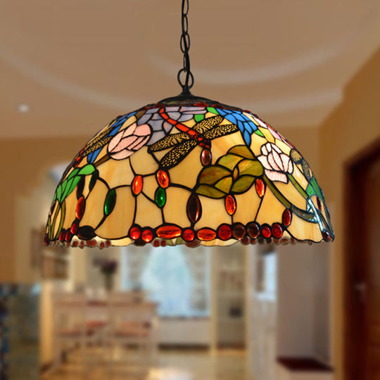 Victorian Bronze Dragonfly Chandelier With Stained Glass Pendant Lights