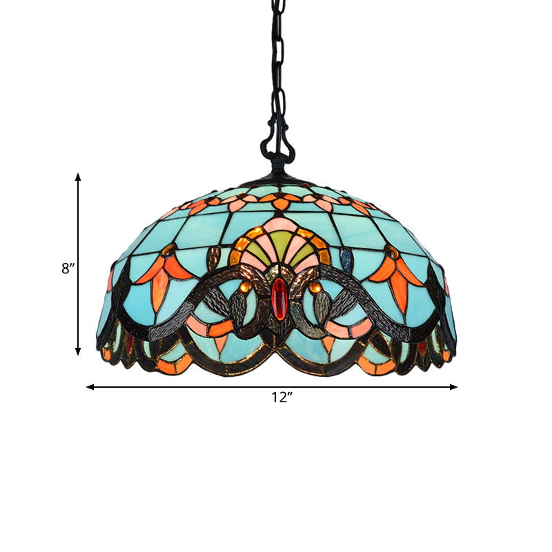 Blue Cut Glass Pendant Light Kit - 12’/16’ W Domed 1 Mediterranean Style