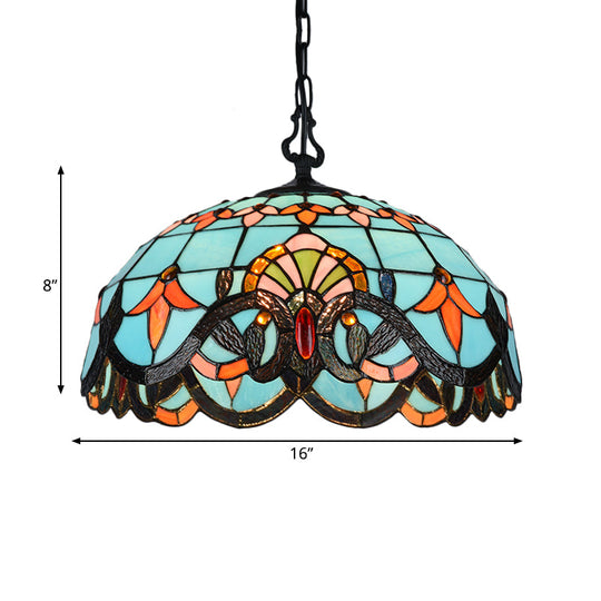 Blue Cut Glass Pendant Light Kit - 12’/16’ W Domed 1 Mediterranean Style