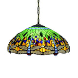 Tiffany Dragonfly Chandelier Light Fixture - 3-Light Orange/Blue/Green Cut Glass Hanging Lamp For