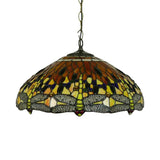 Tiffany Dragonfly Chandelier Light Fixture - 3-Light Orange/Blue/Green Cut Glass Hanging Lamp For
