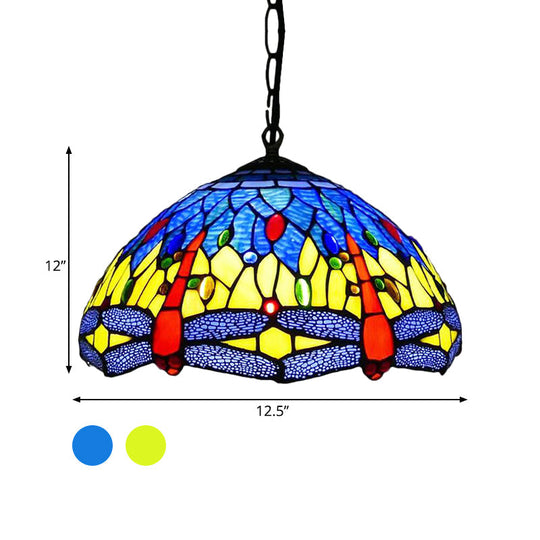 Dragonfly Chandelier Pendant - Mediterranean Blue/Green Stained Glass Kitchen Lighting 1/2 Lights