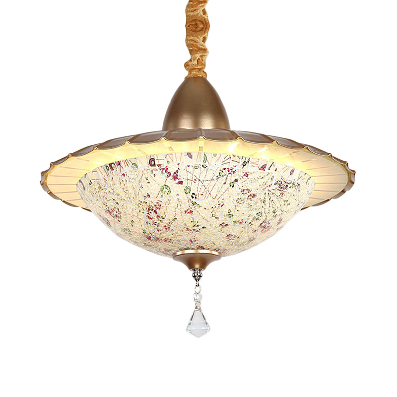 Mediterranean Led Bowl Chandelier - White Cut Glass Suspension Pendant With Crystal Droplet
