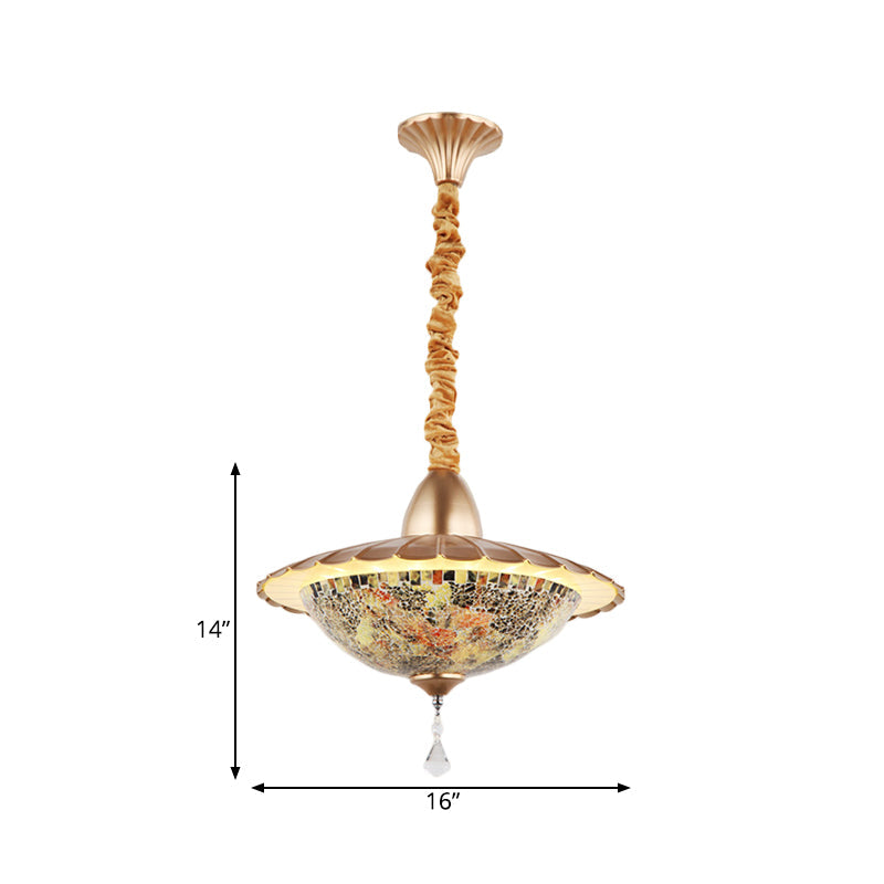 Mediterranean Led Bowl Chandelier - White Cut Glass Suspension Pendant With Crystal Droplet