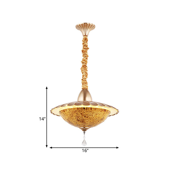 Mediterranean Led Bowl Chandelier - White Cut Glass Suspension Pendant With Crystal Droplet