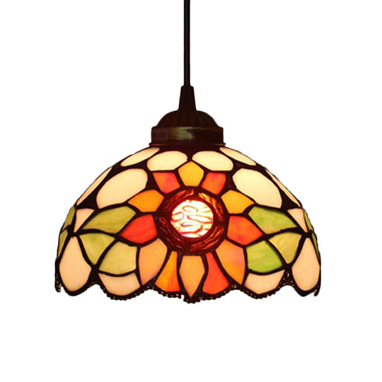 Victorian Floral Ceiling Pendant Light Fixture For Dining Room - Beige/Red/Pink Cut Glass Hanging