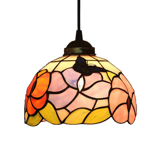 Victorian Floral Ceiling Pendant Light Fixture For Dining Room - Beige/Red/Pink Cut Glass Hanging