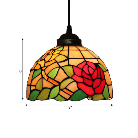 Victorian Floral Ceiling Pendant Light Fixture For Dining Room - Beige/Red/Pink Cut Glass Hanging