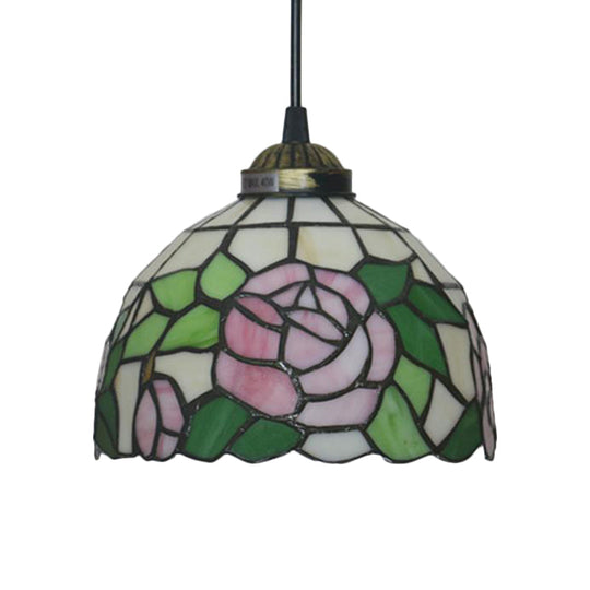 Tiffany Style Blossom Pendant Light Fixture Red/Pink/Green Cut Glass Bronze Down Lighting For
