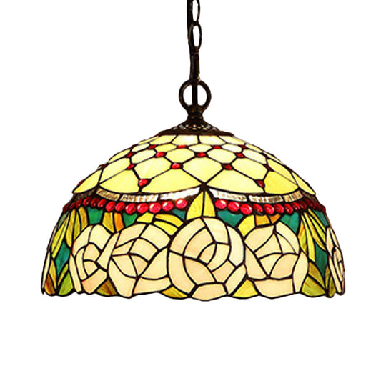 Mediterranean Bronze Kitchen Chandelier Pendant Light With Red/Yellow Cut Glass Shade - 12/16 W