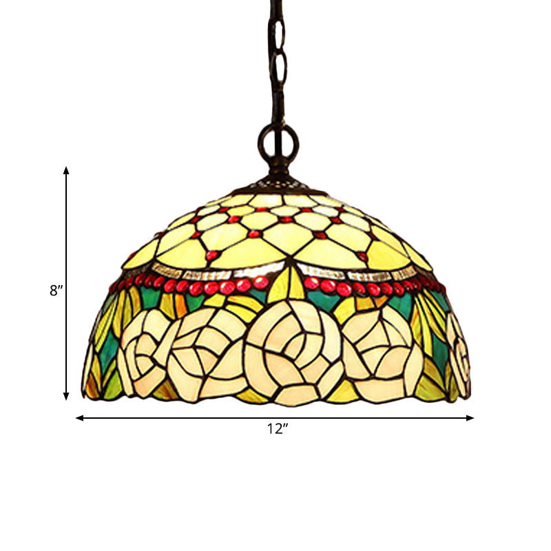 Mediterranean Bronze Kitchen Chandelier Pendant Light With Red/Yellow Cut Glass Shade - 12/16 W