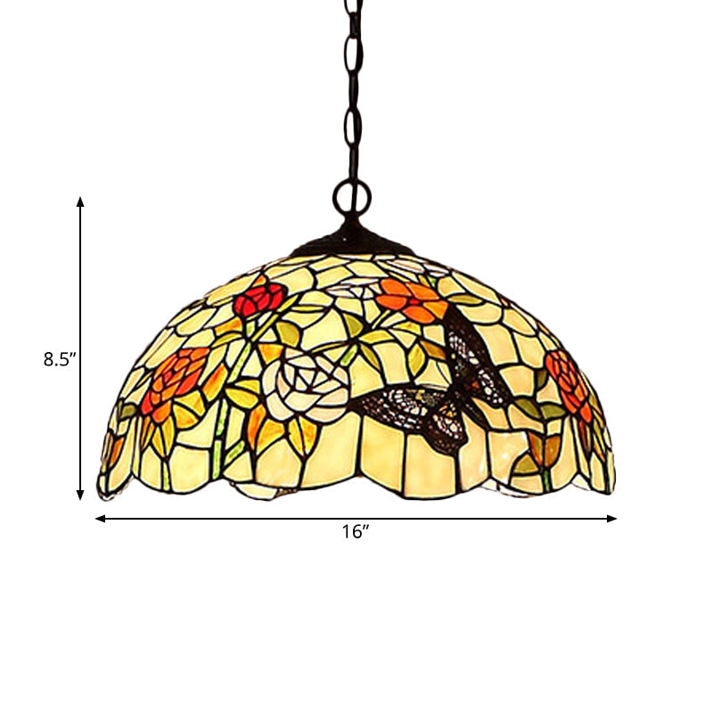 1/2-Light Mediterranean Bronze Kitchen Chandelier Pendant With Red/Yellow Glass Shade - 12’’/16’’ W
