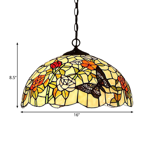 1/2-Light Mediterranean Bronze Kitchen Chandelier Pendant With Red/Yellow Glass Shade - 12’’/16’’ W