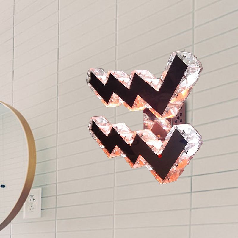 Modern Led Wall Lamp With Curvy Nickel Finish Beveled Crystal Prism Sconce Light Fixture -