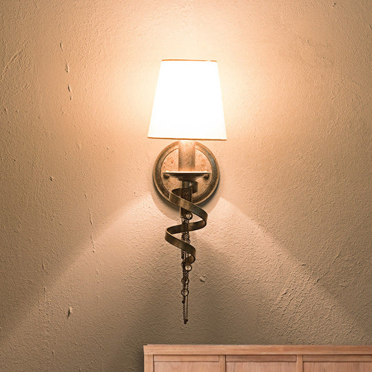 Tapered Bedroom Wall Mount Light: Traditional Fabric 1-Head Lighting Fixture With Crystal Draping In