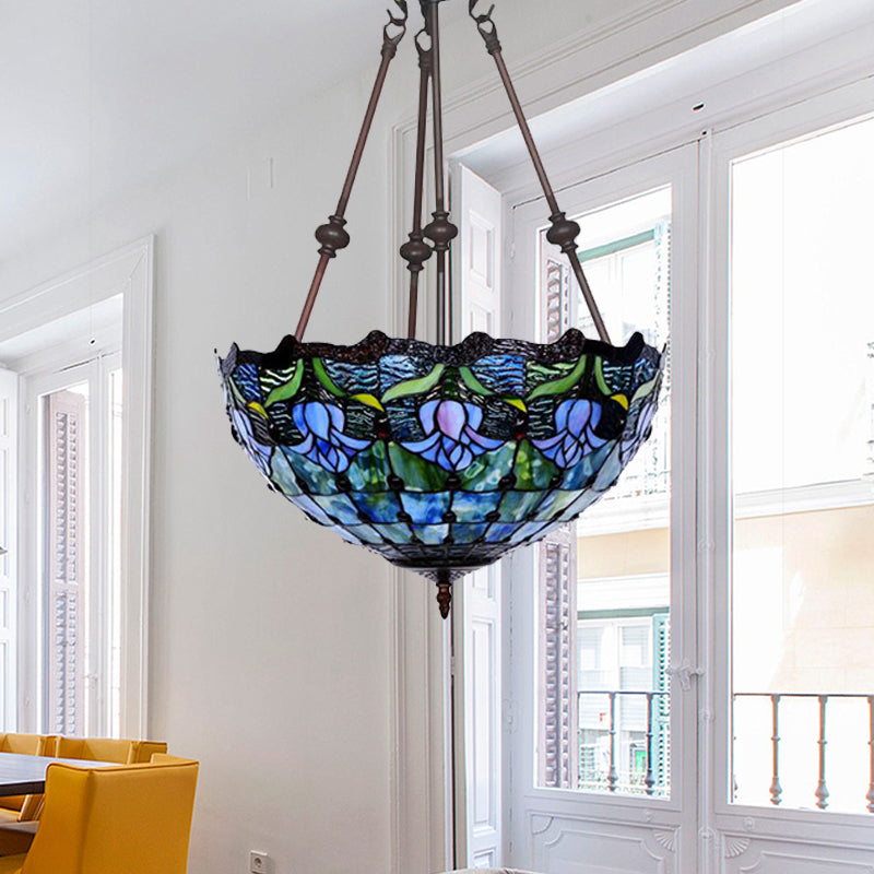 Hand-Cut Glass Pendant Flower Chandelier Light Fixture - Mediterranean Style 2 Lights Red/Blue Blue