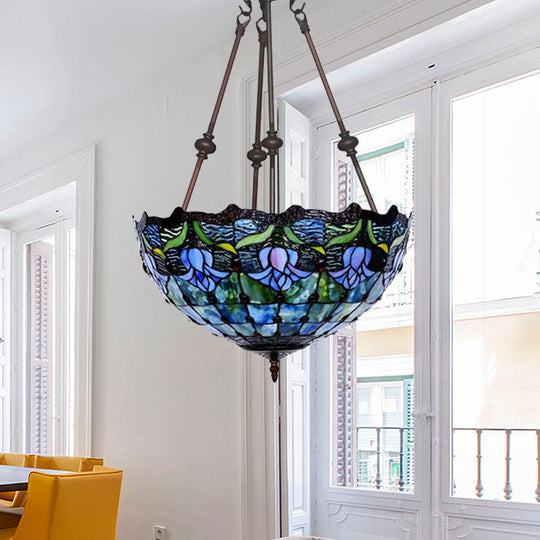 Hand-Cut Glass Pendant Flower Chandelier Light Fixture - Mediterranean Style 2 Lights Red/Blue Blue