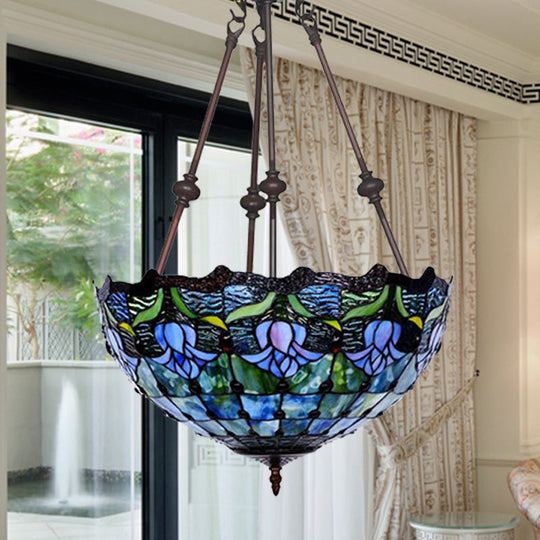 Hand-Cut Glass Pendant Flower Chandelier Light Fixture - Mediterranean Style 2 Lights Red/Blue
