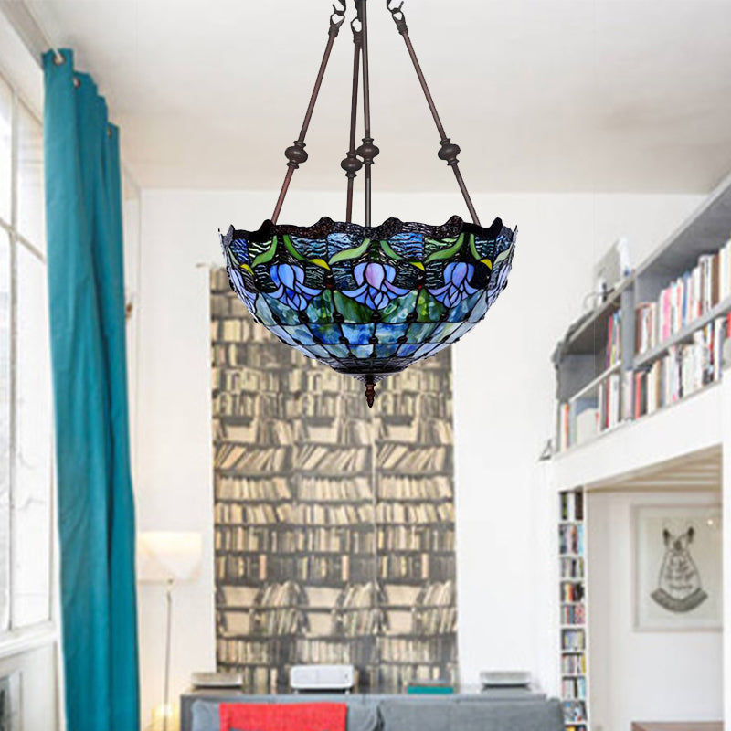 Hand-Cut Glass Pendant Flower Chandelier Light Fixture - Mediterranean Style 2 Lights Red/Blue