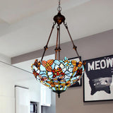Tiffany Style 2-Light Blossom Chandelier Lamp - Red/Blue Stained Glass Suspension Lighting For