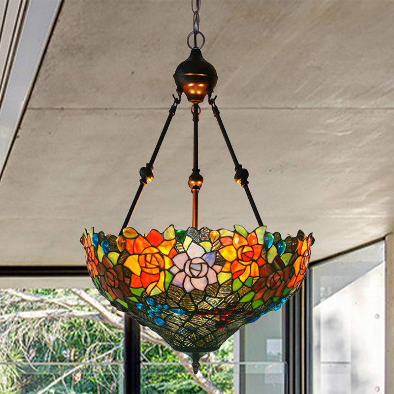 Mediterranean Floral Stained Art Glass Chandelier Pendant Light With 3 Hanging Lamps In
