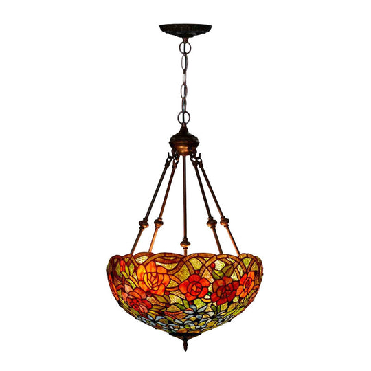 Mediterranean Floral Stained Art Glass Chandelier Pendant Light With 3 Hanging Lamps In