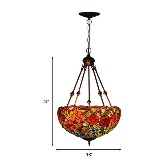 Mediterranean Floral Stained Art Glass Chandelier Pendant Light With 3 Hanging Lamps In