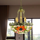 Tiffany Sunflower/Rose Chandelier 4 Light Stained Art Glass Pendant Kit - Red/Green For Bedroom