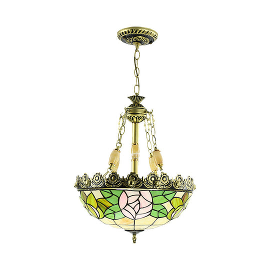 Sunflower/Rose Chandelier Pendant Light Kit - Stained Art Glass 3/4 Lights Red/Green Bedroom