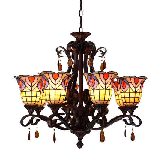 Victorian 6-Light Bedroom Ceiling Chandelier With Floral Stained Glass Shades In Red Pink And Blue