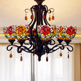 Stained Glass Domed Chandelier - Mediterranean 6-Light Pendant Light Fixture With Crystal Droplet