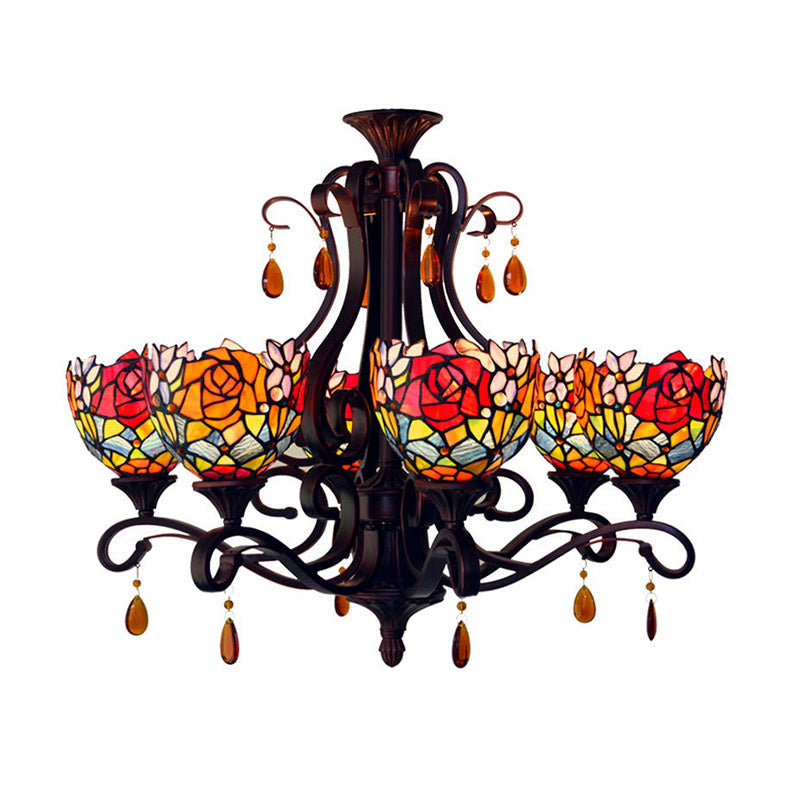 Stained Glass Domed Chandelier - Mediterranean 6-Light Pendant Light Fixture With Crystal Droplet