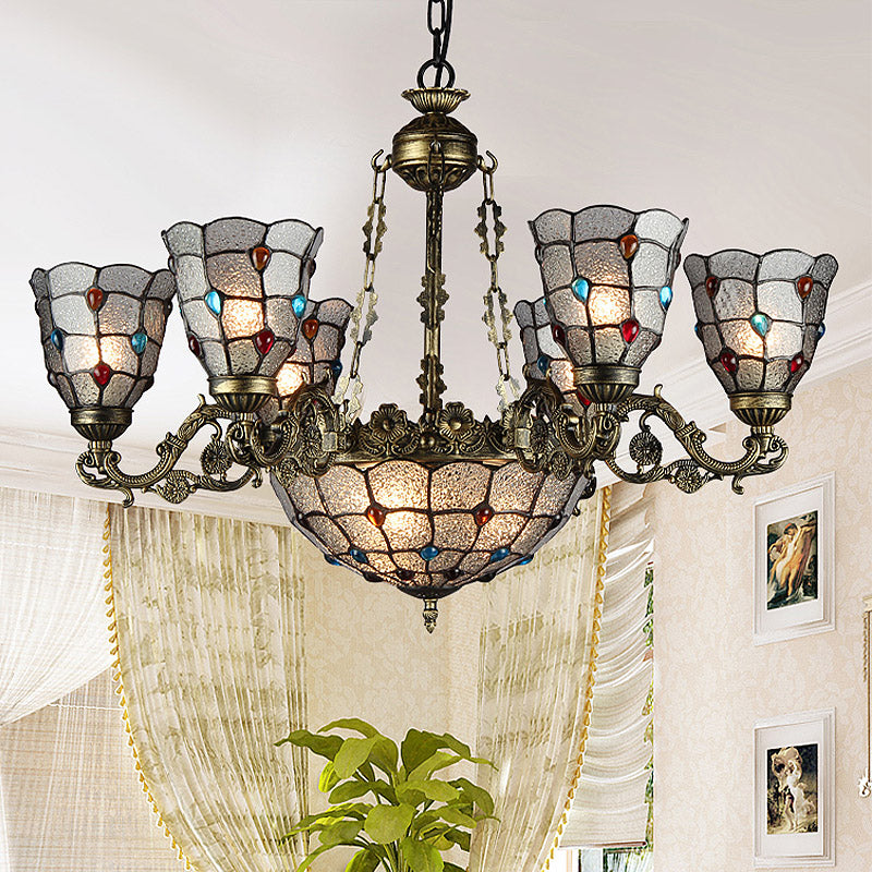 Tiffany Style Arm Chandelier With Frosted Glass Shades - 9/12 Lights Bronze Pendant Lamp For Living