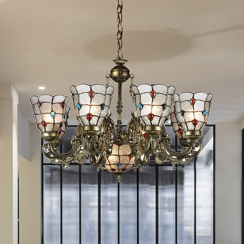 Tiffany Style Arm Chandelier With Frosted Glass Shades - 9/12 Lights Bronze Pendant Lamp For Living